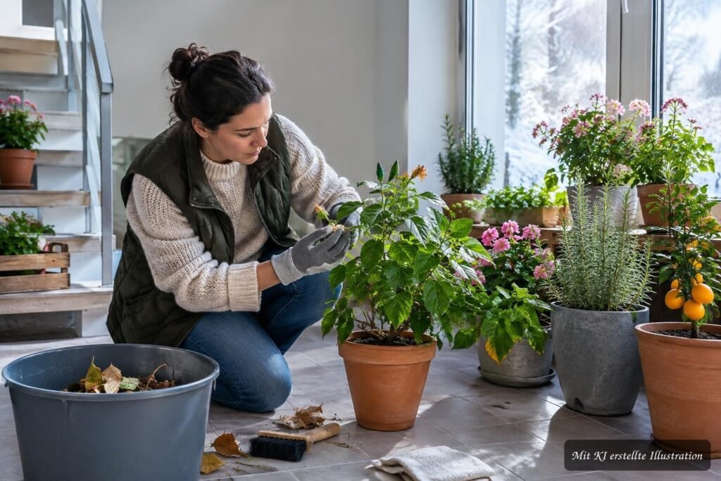 Frostempfindliche Kübelpflanzen – 7 Arten, die jetzt besser ins Haus oder Winterquartier ziehen Frostempfindliche Kübelpflanzen werden für das vorbereitete Winterquartier ins Haus gebracht.