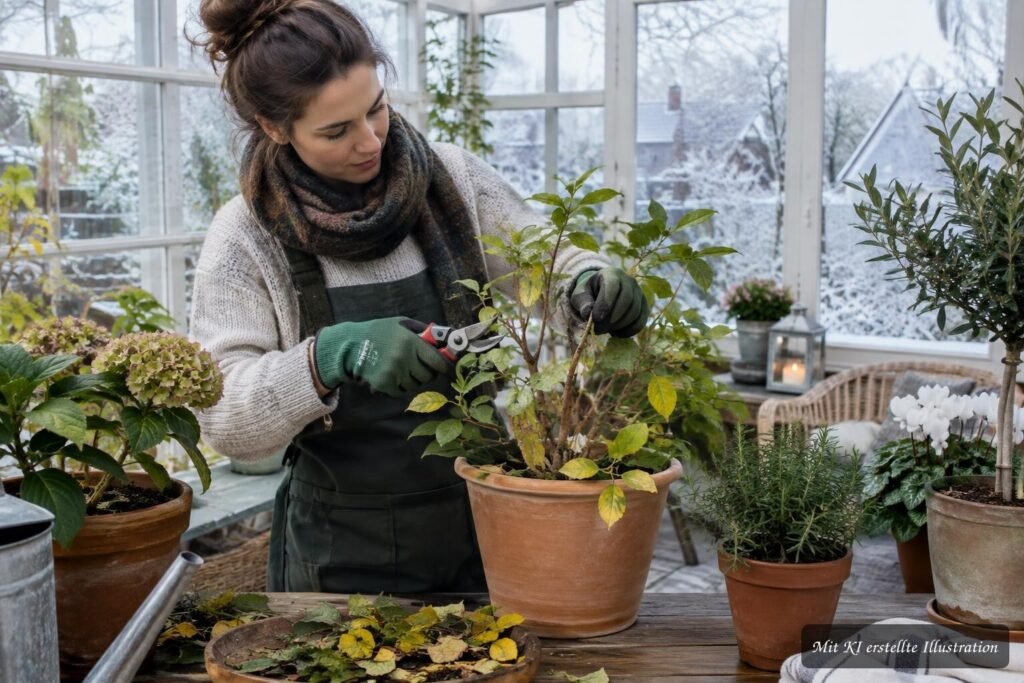 Frostempfindliche Pflanzen werden für den Umzug ins helle, kühle Winterquartier vorbereitet