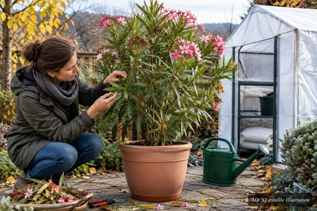 Oleander vor dem ersten Frost – wann sollte er ins Winterquartier? Oleander im Topf wird vor dem ersten Frost für das Winterquartier vorbereitet.