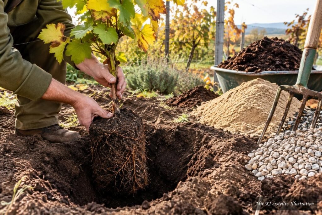 Weinreben werden im Herbst in gut vorbereiteten Gartenboden gepflanzt.
