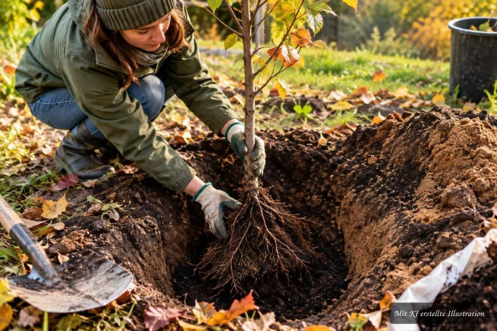 Junger Baum im Herbst mit vorbereitetem Pflanzloch und gelockertem Boden im Garten
