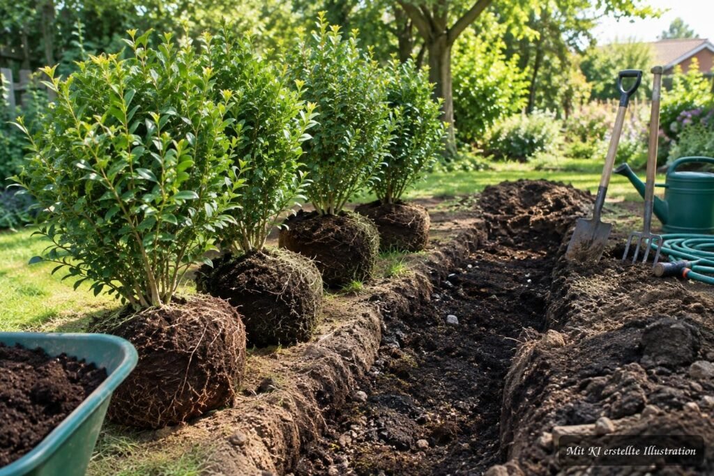 Ligusterhecke wird am vorbereiteten neuen Standort mit gelockerter Erde und ausreichend Platz zum Umpflanzen gesetzt