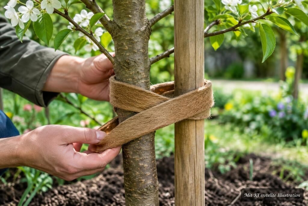 Junger Obstbaum wird mit einem weichen Band sicher an einem Stützpfahl befestigt.