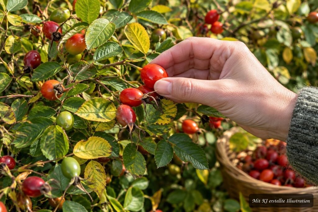 Reife rote Hagebutten an einem Strauch im Garten zur Erntezeit