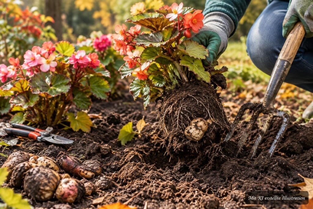 Wann werden Begonienknollen ausgegraben? Begonienknollen werden vorsichtig ausgegraben und für die Winterlagerung vorbereitet.