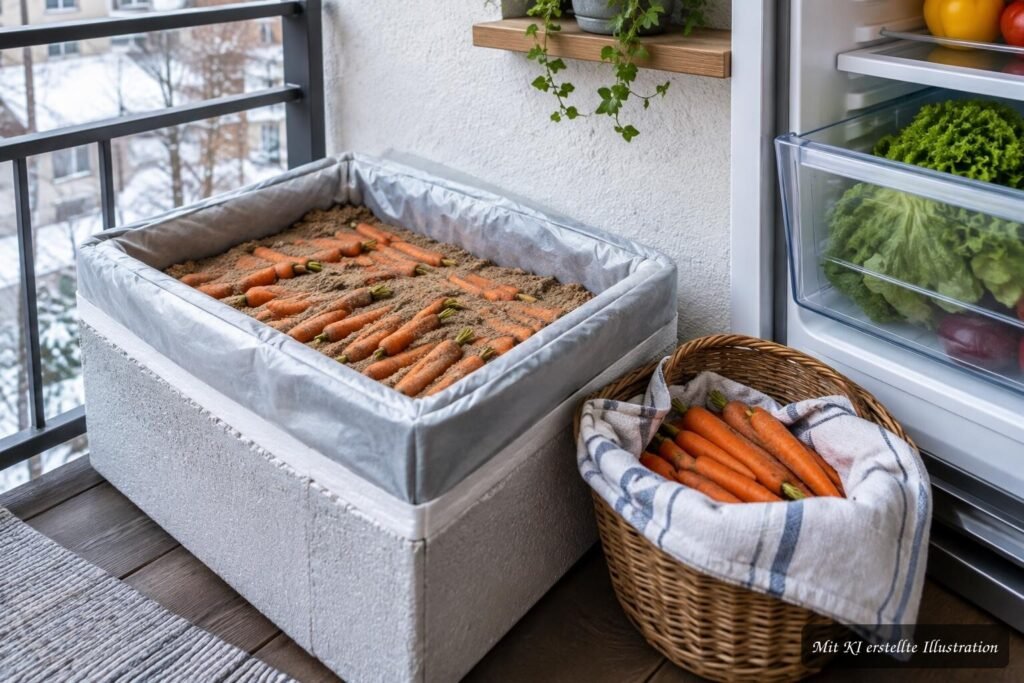 Möhren werden in einer Kiste mit Sand gelagert, damit sie auch ohne großen Keller knackig und frisch bleiben.