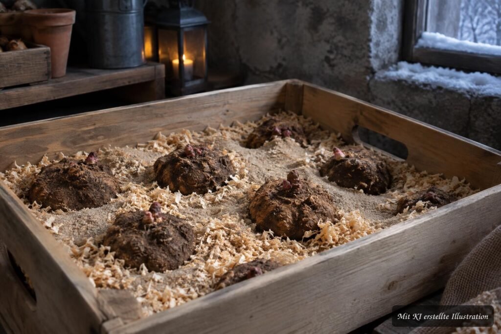 Begonienknollen werden trocken, dunkel und frostfrei über den Winter gelagert.