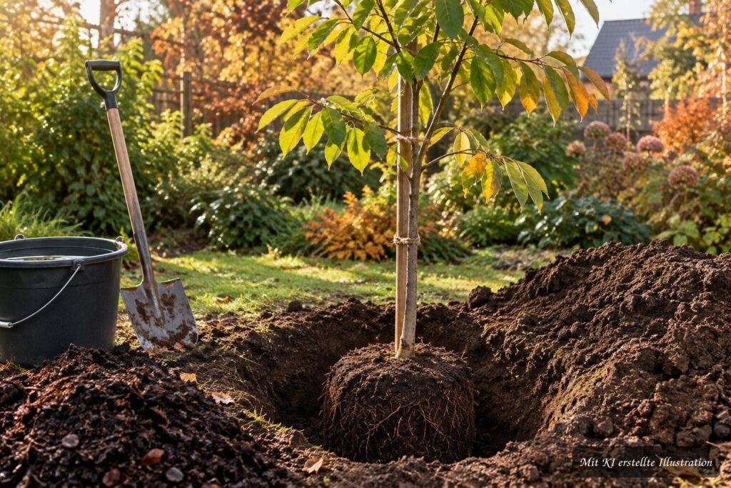 Lebkuchenbaum im Garten an einem passenden Standort beim Einpflanzen mit vorbereitetem Boden