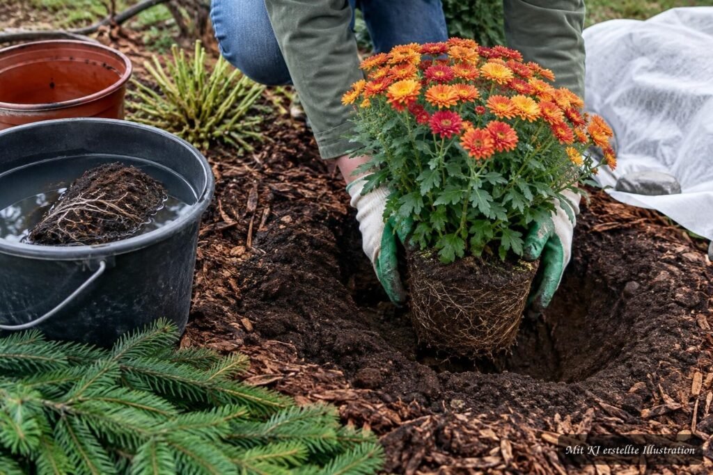 Topf-Chrysantheme wird fachgerecht ins Gartenbeet gepflanzt.