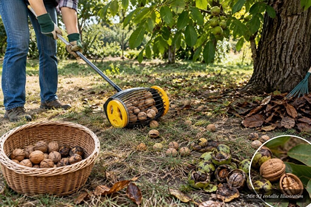 Reife Walnüsse liegen nach dem Sammeln auf dem Gras und werden richtig aufgehoben