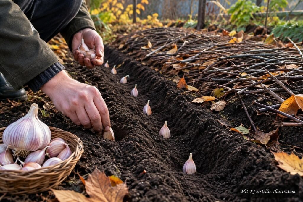 Knoblauchzehen werden im Herbst mit der Spitze nach oben in die Erde gesteckt.