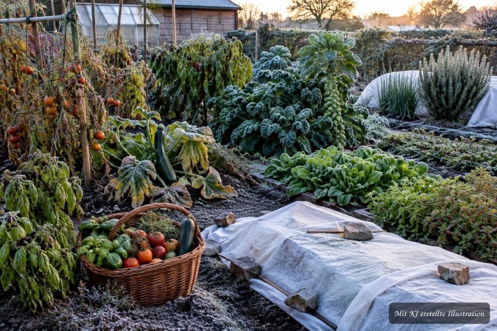 Kräuter und Gemüse im Garten werden mit Vlies und Abdeckungen vor dem ersten Nachtfrost geschützt.