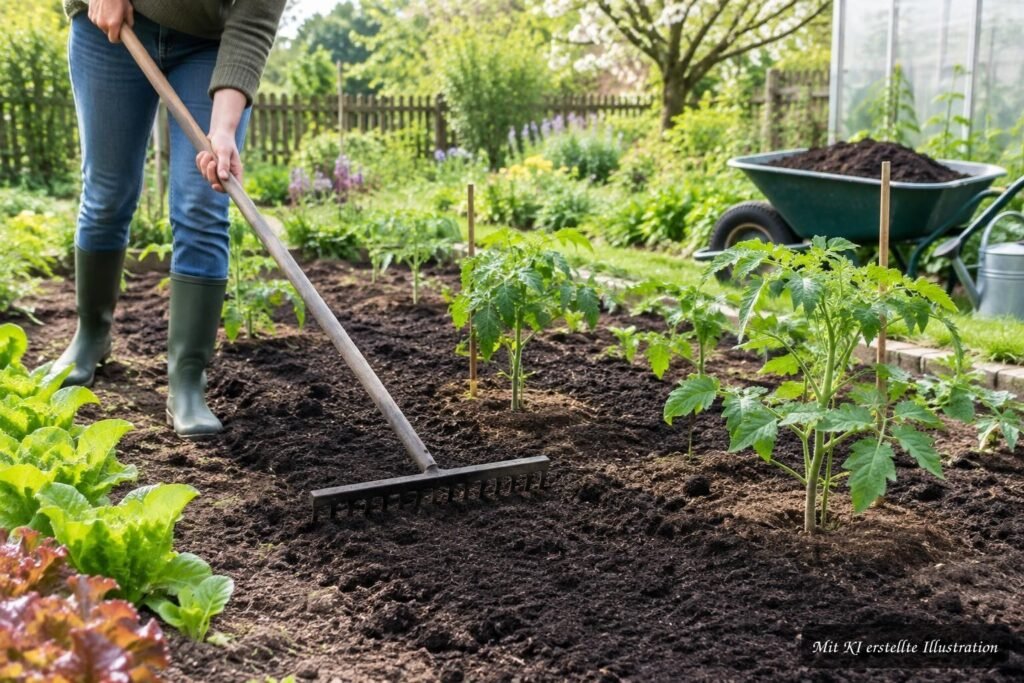 Reifer Kompost wird gleichmäßig auf einem Gartenbeet verteilt und vorsichtig in die Erde eingearbeitet.