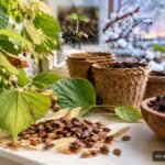 Sommerlinden-Samen, Erde und Töpfe zur Anzucht auf einer Fensterbank