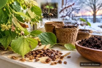 Sommerlinden-Samen, Erde und Töpfe zur Anzucht auf einer Fensterbank