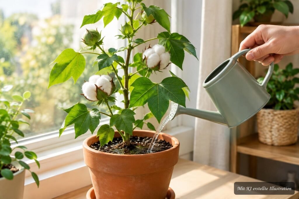 Gossypium herbaceum im Topf mit grünen Blättern an einem sonnigen Standort