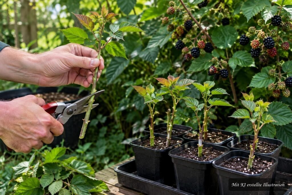 Brombeer-Stecklinge werden geschnitten, um kräftige neue Beerensträucher zu ziehen.