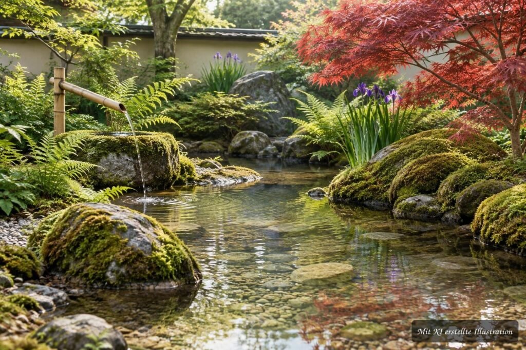 Flacher japanischer Gartenteich mit Steinen, Moos und ruhiger Wasseroberfläche