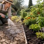 Trockener Gartenboden trotz Bewässerung während eines außergewöhnlich trockenen Sommers