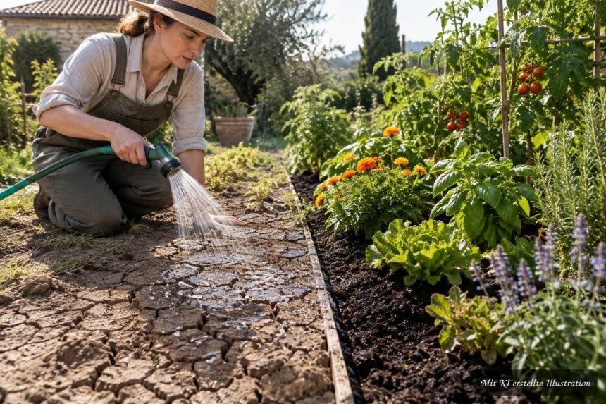Trockener Gartenboden trotz Bewässerung während eines außergewöhnlich trockenen Sommers