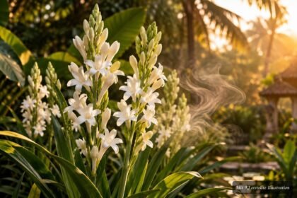 Weiße Tuberose mit eleganten Blüten und intensiv süßem Duft im Garten