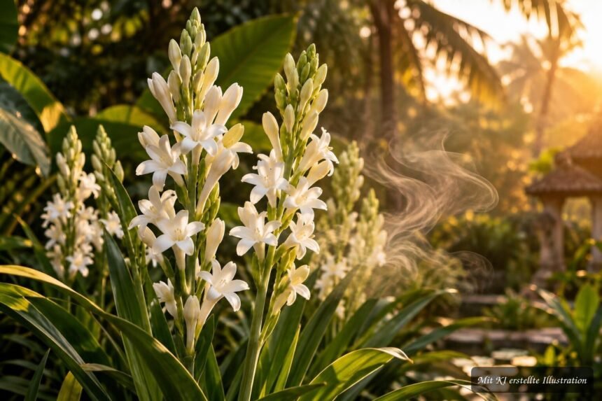 Weiße Tuberose mit eleganten Blüten und intensiv süßem Duft im Garten