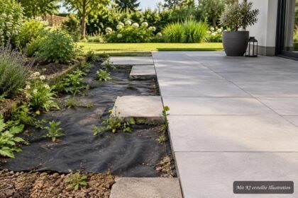 Unkrautvlies unter Terrassenplatten als Schutz vor durchwachsenden Pflanzen und Unkraut