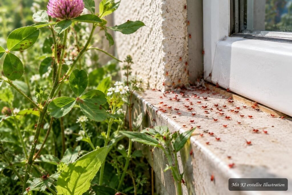 Kleine rote Spinnen auf dem Balkon: Schädling, Nützling oder völlig harmlos? Winzige rote Kleemilben sitzen massenhaft auf einer hellen Hauswand am Balkon.