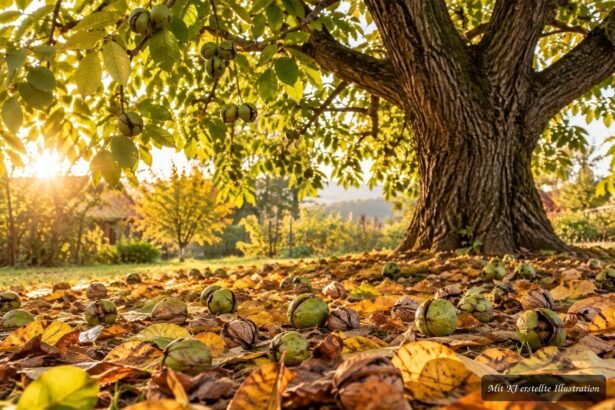 Reife Walnüsse liegen unter einem herbstlich gefärbten Walnussbaum im Garten