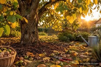Walnussbaum im Herbst nach der Ernte mit fallenden Blättern und gesammelten Nüssen