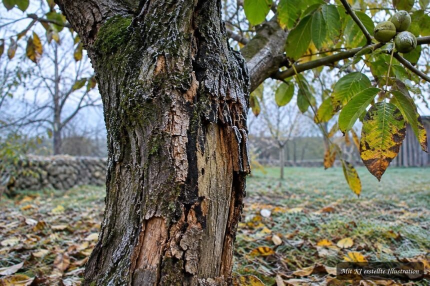 Walnussbaum mit abblätternder Rinde nach Frostschaden oder natürlichem Prozess