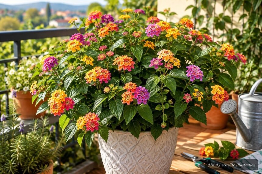 Wandelröschen mit bunten Blüten im Topf auf einem sonnigen Balkon