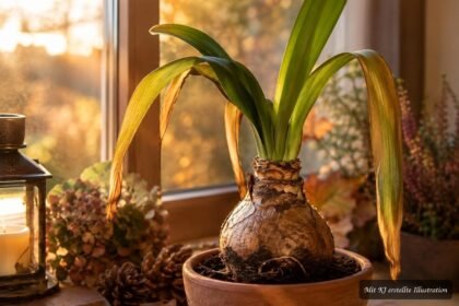Amaryllis nach der Blüte während der Ruhephase mit verblassenden Blättern im Topf