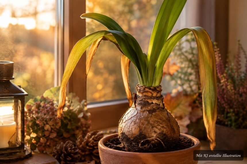 Amaryllis nach der Blüte während der Ruhephase mit verblassenden Blättern im Topf