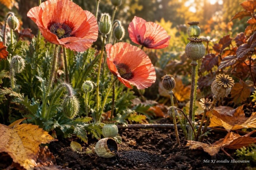 Schlafmohn mit zarten Blüten im Garten nach erfolgreicher Herbstaussaat
