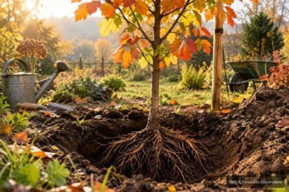 Junge Bäume werden im Herbst bei milden Temperaturen in den Garten gepflanzt