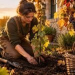 Junge Weinrebe wird im Herbst fachgerecht im Gartenboden eingepflanzt