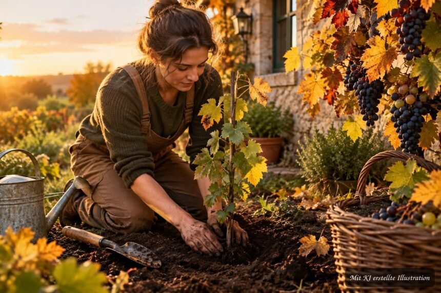 Junge Weinrebe wird im Herbst fachgerecht im Gartenboden eingepflanzt