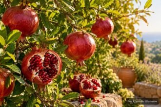 Reife Granatäpfel am Strauch zeigen ihre typische Farbe und leicht kantige Form