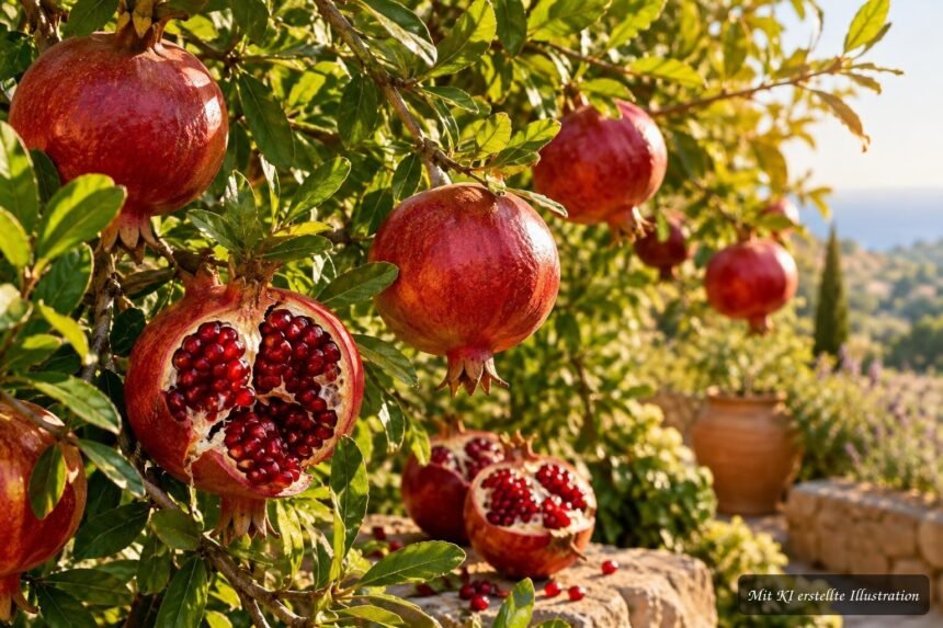 Reife Granatäpfel am Strauch zeigen ihre typische Farbe und leicht kantige Form