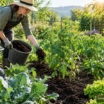 Reifer Kompost wird im Frühjahr gleichmäßig auf Gartenbeeten verteilt und eingearbeitet