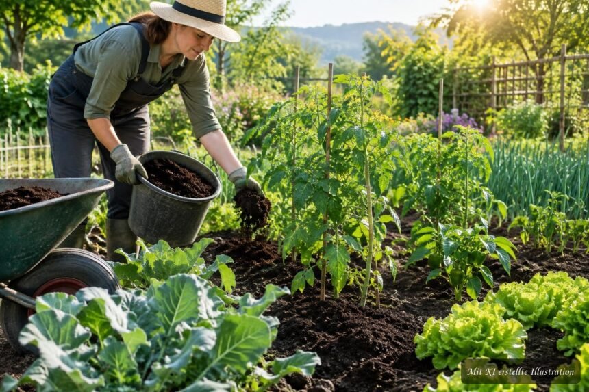 Reifer Kompost wird im Frühjahr gleichmäßig auf Gartenbeeten verteilt und eingearbeitet
