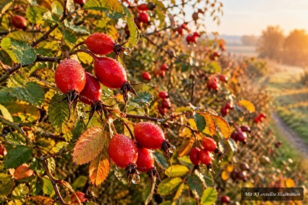 Rote Hagebutten leuchten im Herbst an einem Gartenstrauch zwischen bunten Blättern