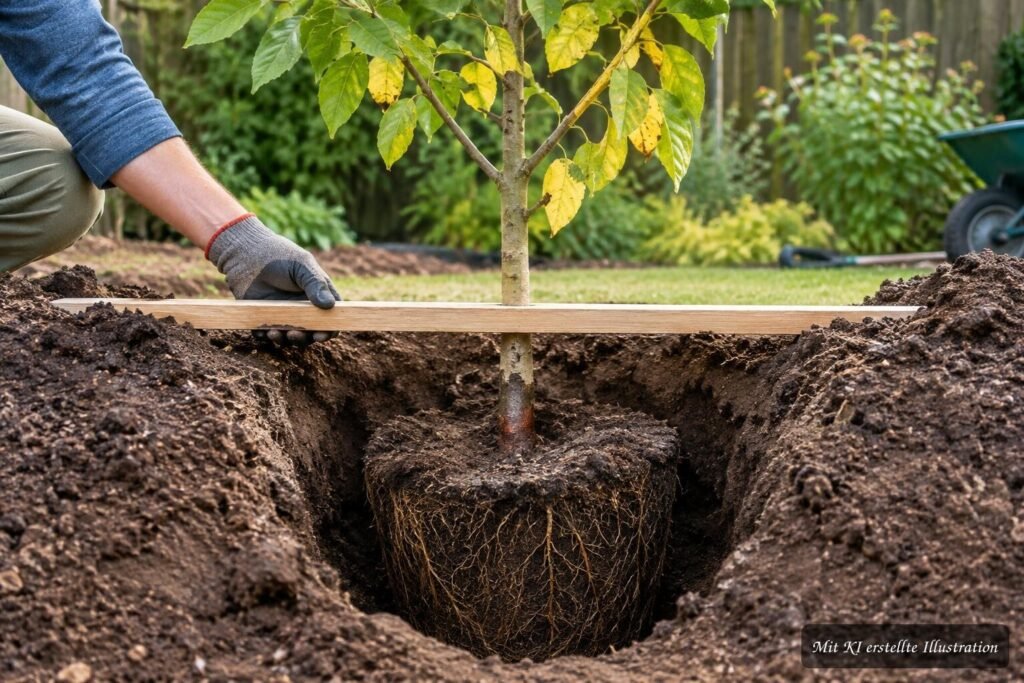 Junger Baum in einem zu tiefen Pflanzloch mit abgesenktem Wurzelballen