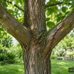 Nahaufnahme einer Astgabel am Baum mit deutlich sichtbarer Verzweigung und möglicher Bruchstelle