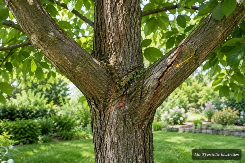 Nahaufnahme einer Astgabel am Baum mit deutlich sichtbarer Verzweigung und möglicher Bruchstelle