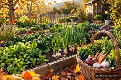 Gemüsegarten im Oktober mit frisch bepflanzten Beeten und herbstlicher Atmosphäre