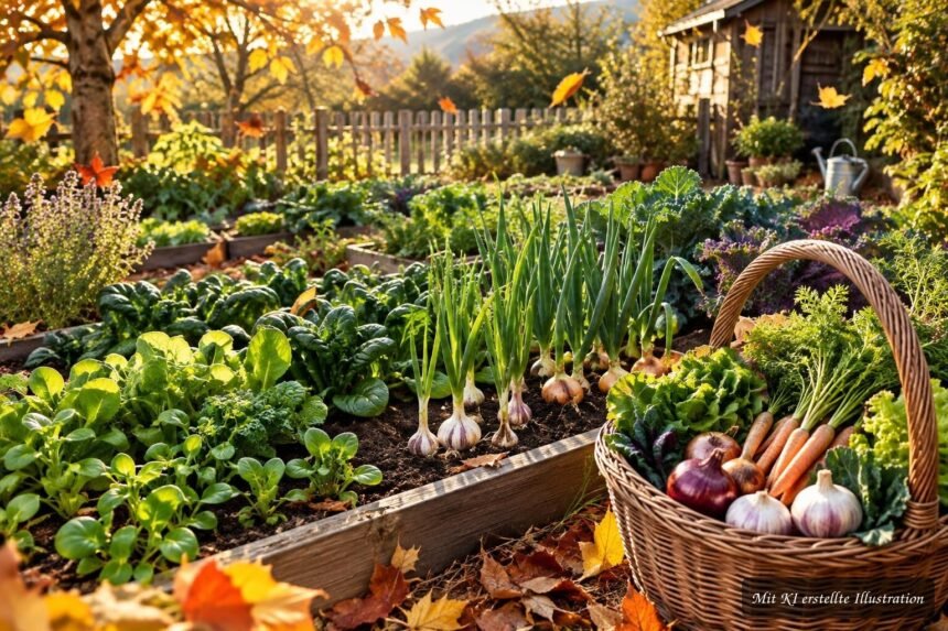 Gemüsegarten im Oktober mit frisch bepflanzten Beeten und herbstlicher Atmosphäre