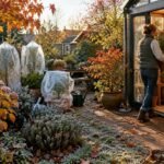 Herbstlicher Garten mit geschützten Pflanzen vor den ersten frostigen Nächten