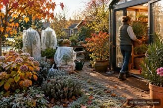 Herbstlicher Garten mit geschützten Pflanzen vor den ersten frostigen Nächten